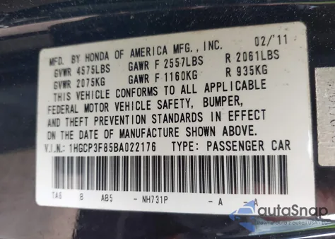 2011 Honda Accord 3.5 Ex-L from USA, damaged, VIN 1HGCP3F85BA022176